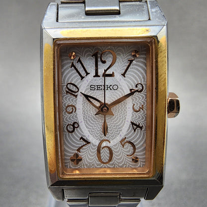 Seiko Solar Tank Watch Women 19mm White Dial Two Tone Rectangle Lukia V111 RunsA1
