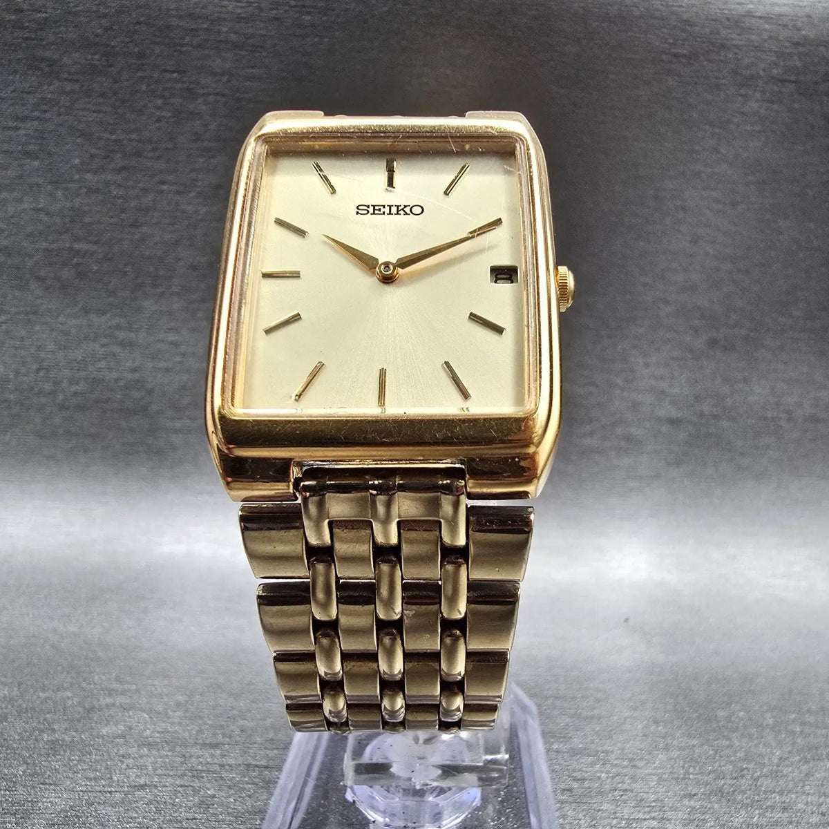 Seiko Tank Watch Men 27mm Champagne Dial Gold Date Rectangle 7N39-5A39 New Batt5