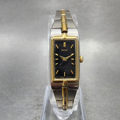 Seiko Tank Watch Women 13mm Black Dial Two Tone Rectangle 2E200AY0 New Battery0