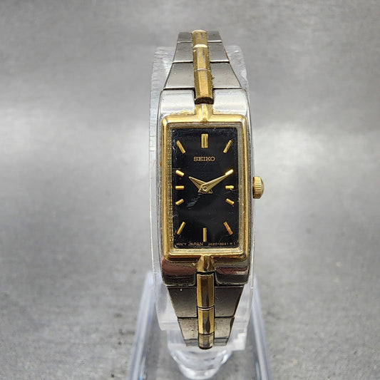 Seiko Tank Watch Women 13mm Black Dial Two Tone Rectangle 2E200AY0 New Battery0