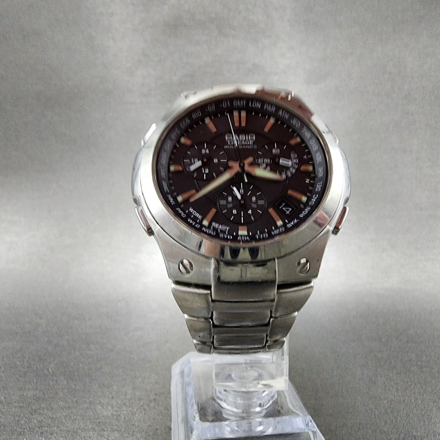 Casio Lineage Chronograph Watch Men 42mm Black Dial Steel Date Atomic Runs5