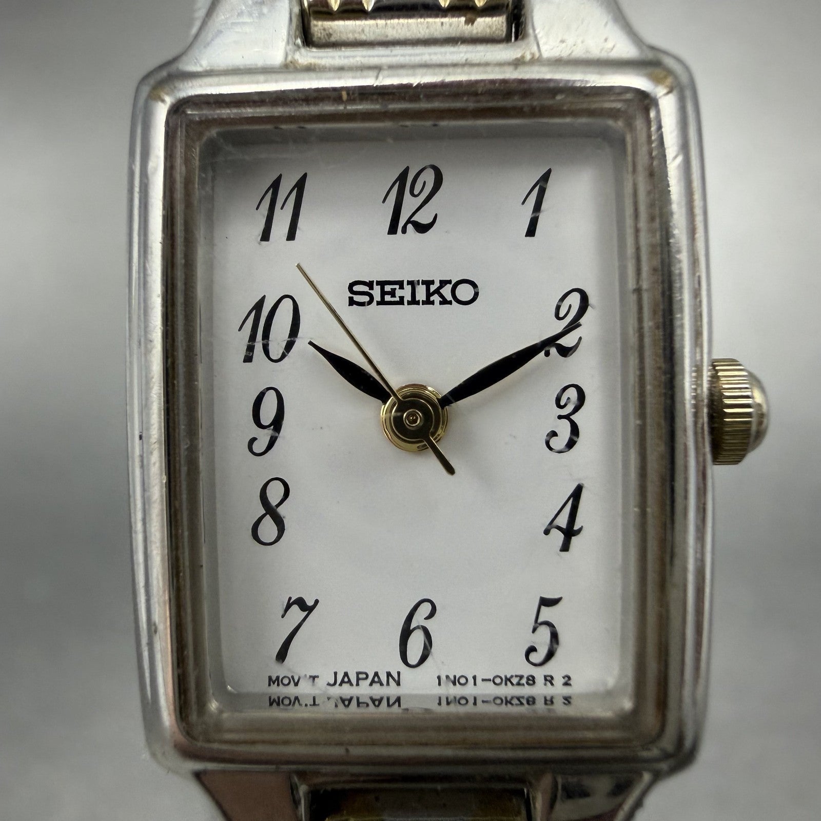 Seiko Tank Watch Women 16mm White Dial Two Tone Rectangle 1N01-0FH0 New Battery1