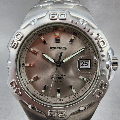 Seiko Perpetual Calendar Watch Men 39mm Silver Dial Steel Date Round New Battery