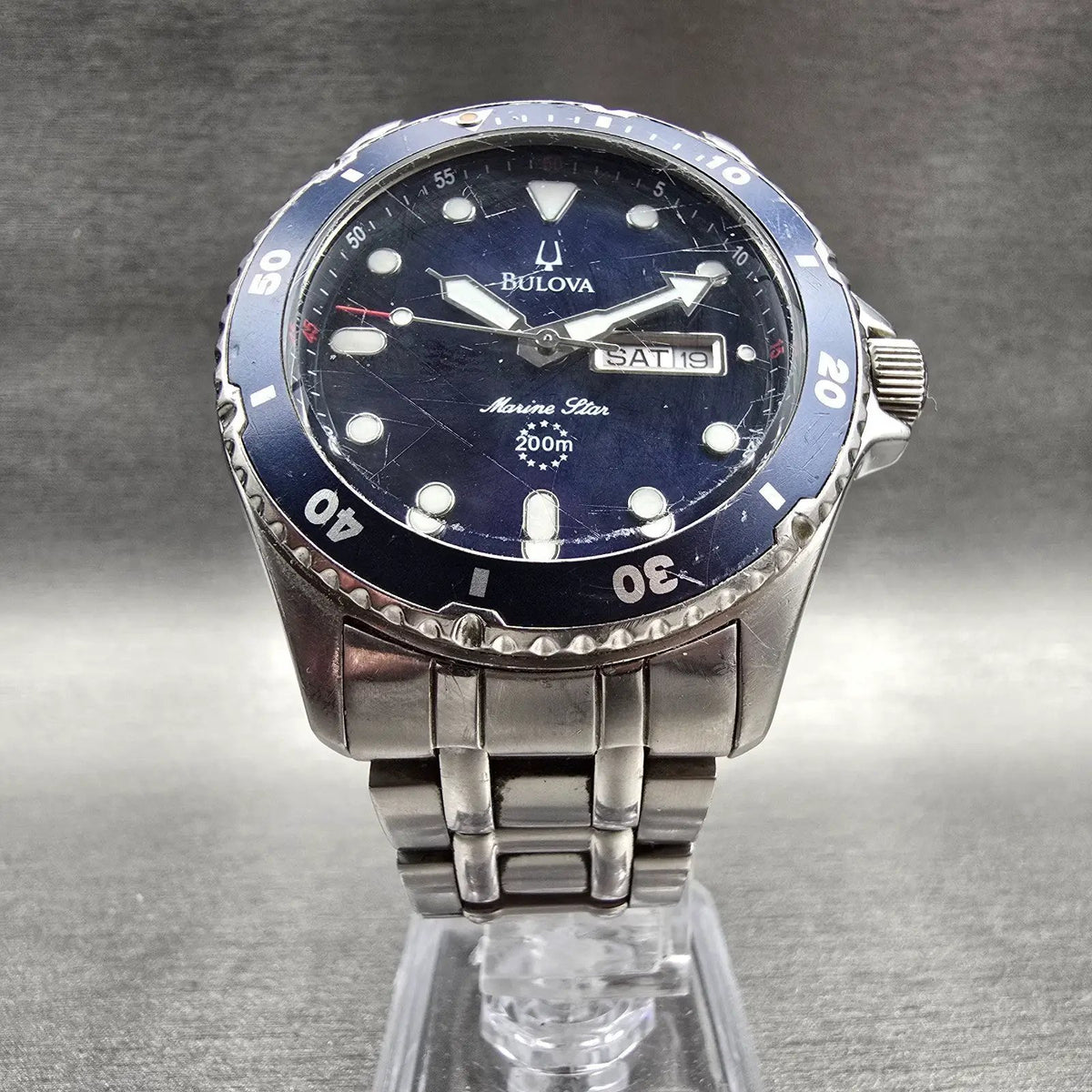 Bulova Marine Star Watch Men 41mm Blue Dial Silver Daydate Round 98C62 New Bat5