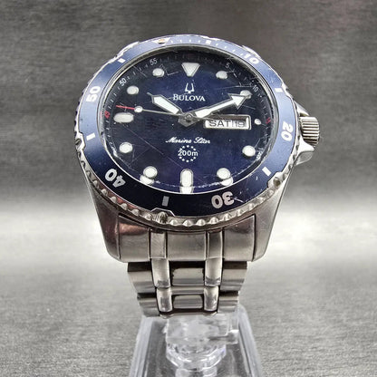 Bulova Marine Star Watch Men 41mm Blue Dial Silver Daydate Round 98C62 New Bat5