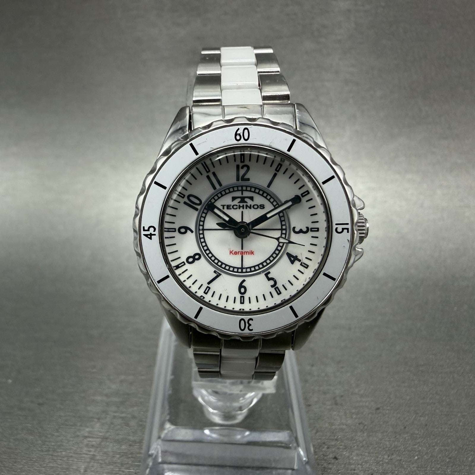 Technos Ceramic Watch Women 29mm White Dial Silver Tone Round New Battery0
