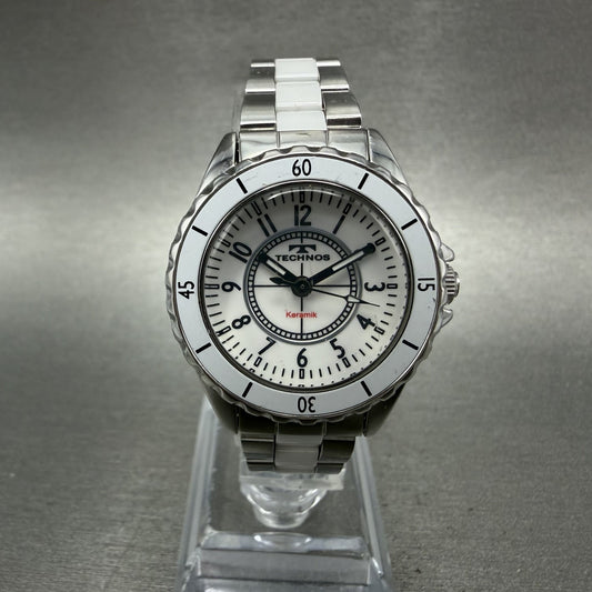 Technos Ceramic Watch Women 29mm White Dial Silver Tone Round New Battery0