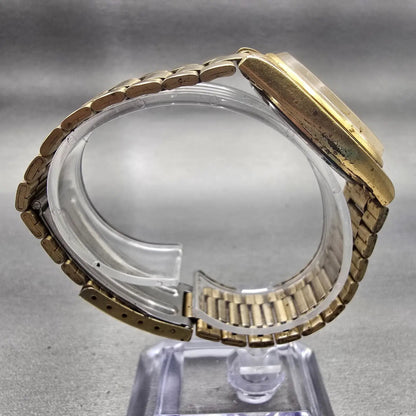Seiko SQ Watch Men 32mm Gold Dial Gold Tone Date Round 5Y22-6009 New Battery VTG8
