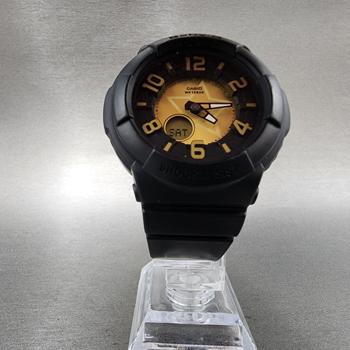 Casio BabyG BGA133 Watch Women 43mm Gold Dial Black Tone Analog Digital NewBat5