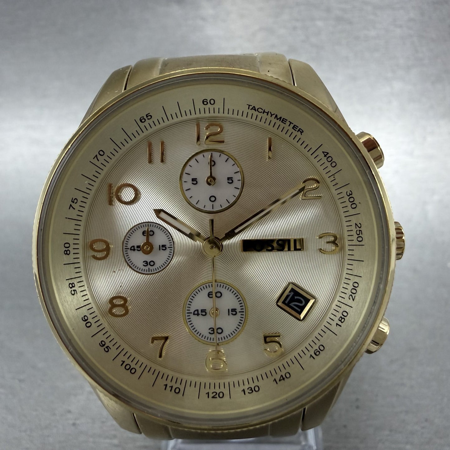 Fossil Chronograph Watch Women 40mm Champagne Dial Gold Tone Date Round New Batt1