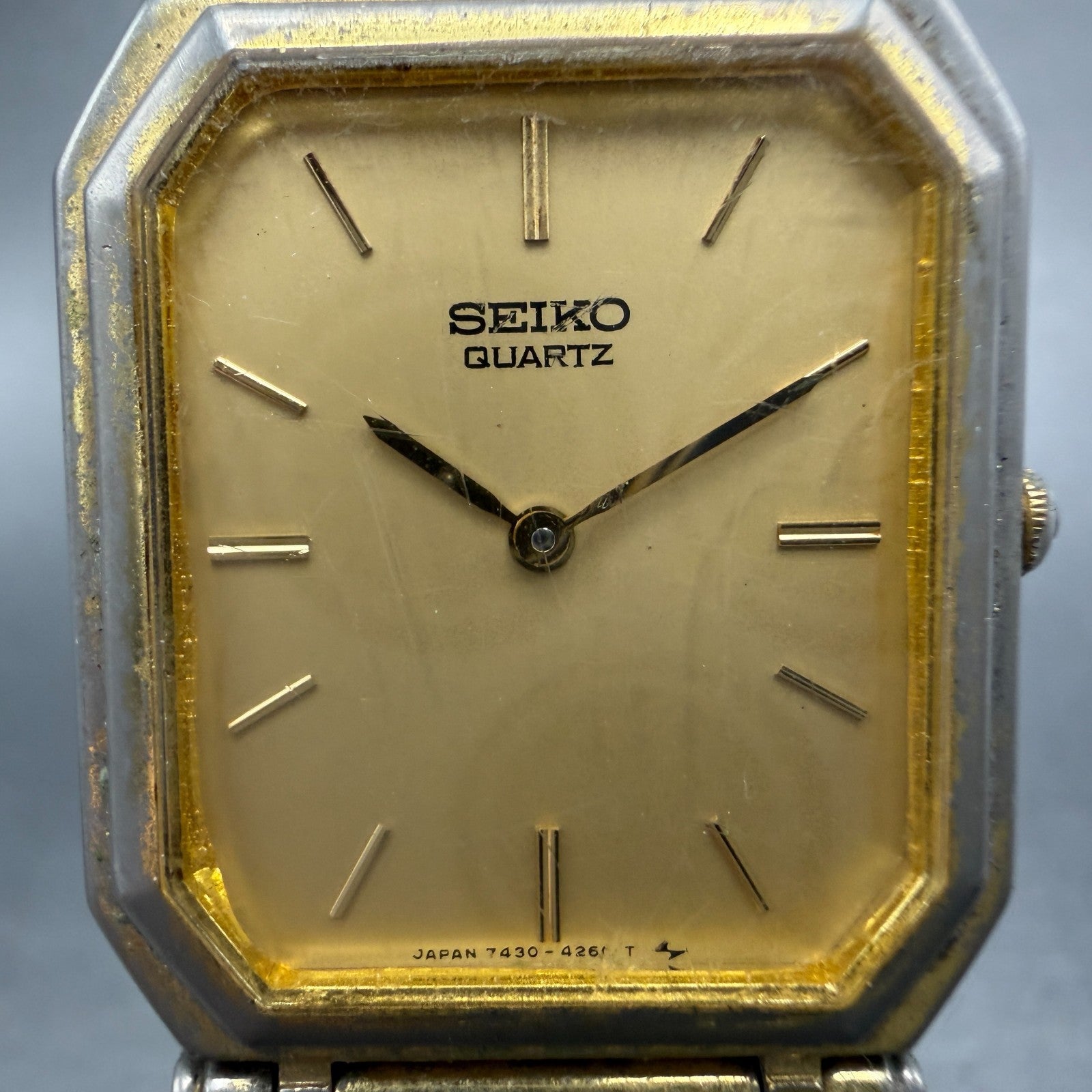 Seiko Tank Watch Men 25mm Champagne Dial Gold Tone 7430-5819 New Battery Vintage1