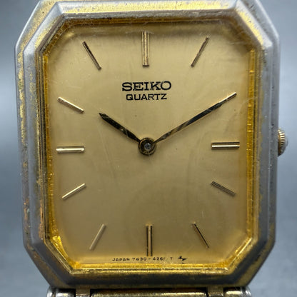 Seiko Tank Watch Men 25mm Champagne Dial Gold Tone 7430-5819 New Battery Vintage1