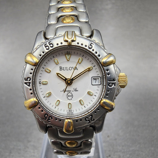 Bulova Marine Star Watch Women 25mm White Dial Two Tone Date TF705L New Battery0