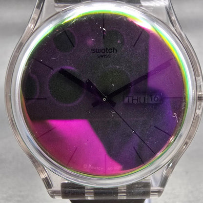 Swatch POLARMY Watch Men Purple Dial Clear Case Daydate Round SUOK714 New Batt1