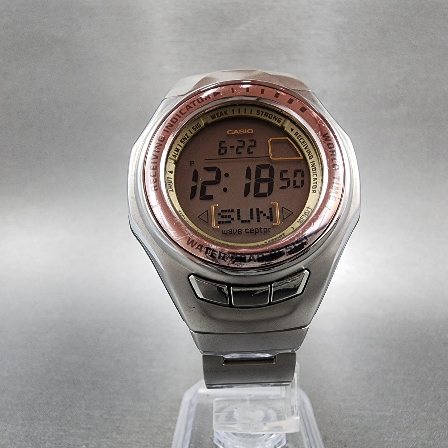 Casio Wave Ceptor Watch Women 37mm Digital Silver Tone Alarm Chrono New Batt B12