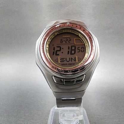 Casio Wave Ceptor Watch Women 37mm Digital Silver Tone Alarm Chrono New Batt B12