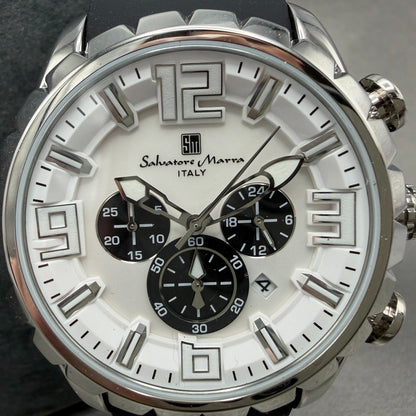 Salvatore Marra Chronograph Watch Men 46mm White Dial Steel Date Round new batt1