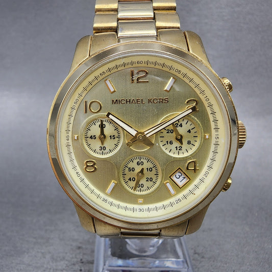 Michael Kors Runway Chronograph Watch Women 38mm Champagne Dial Gold New Battery0