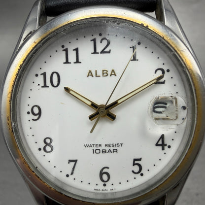 Seiko ALBA Watch Men 36mm White Dial Two Tone Date Round 7N42-0AD0 New Battery1