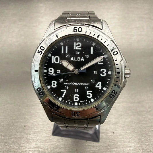 Seiko Alba Watch Men 35mm Black Dial Silver Tone Round V501-0DA0 New Battery VTG0