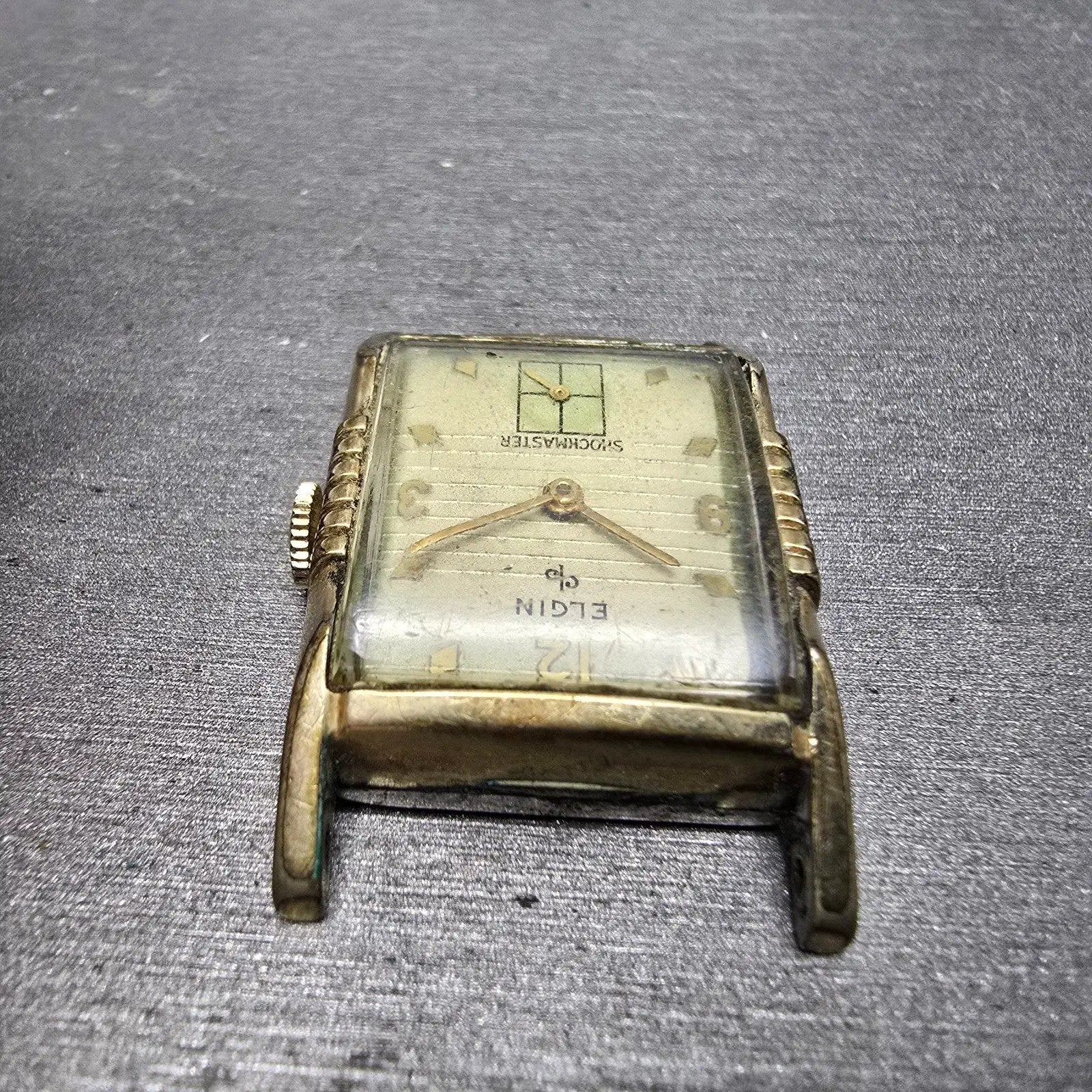 Elgin Shockmaster Tank Watch Men 26mm Cream Dial Gold Plated Manal Wind Runs4