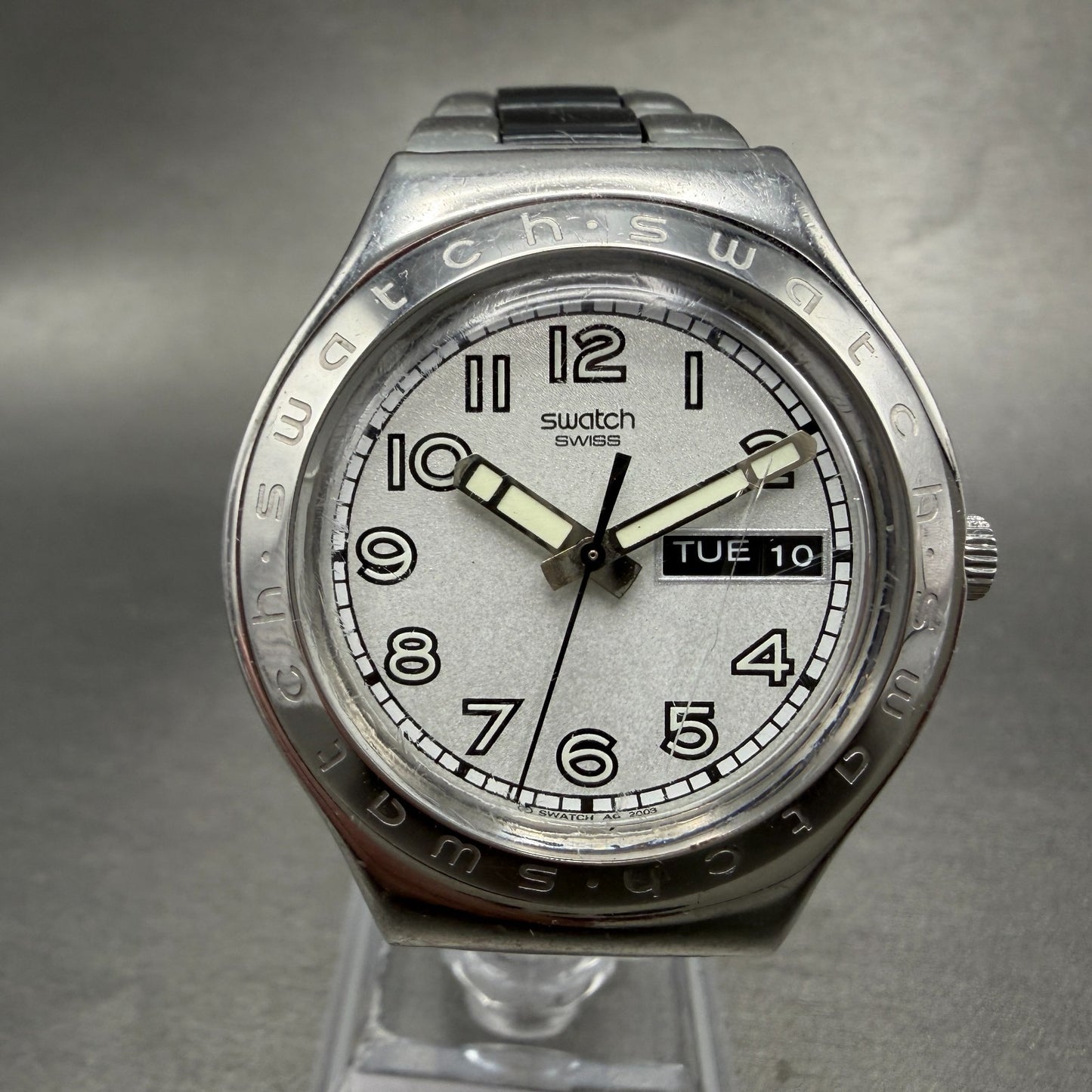 Swatch Irony Big Casse-Cou Watch Men 38mm Silver Dial Steel Daydate CRACK NewBat0