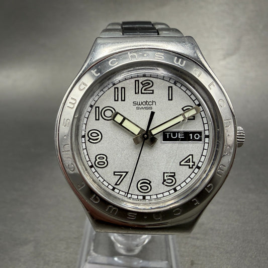 Swatch Irony Big Casse-Cou Watch Men 38mm Silver Dial Steel Daydate CRACK NewBat0