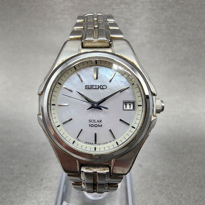 Seiko Solar Watch Women 28mm Mop Silver Tone Date Round V1870ac0 Runs0