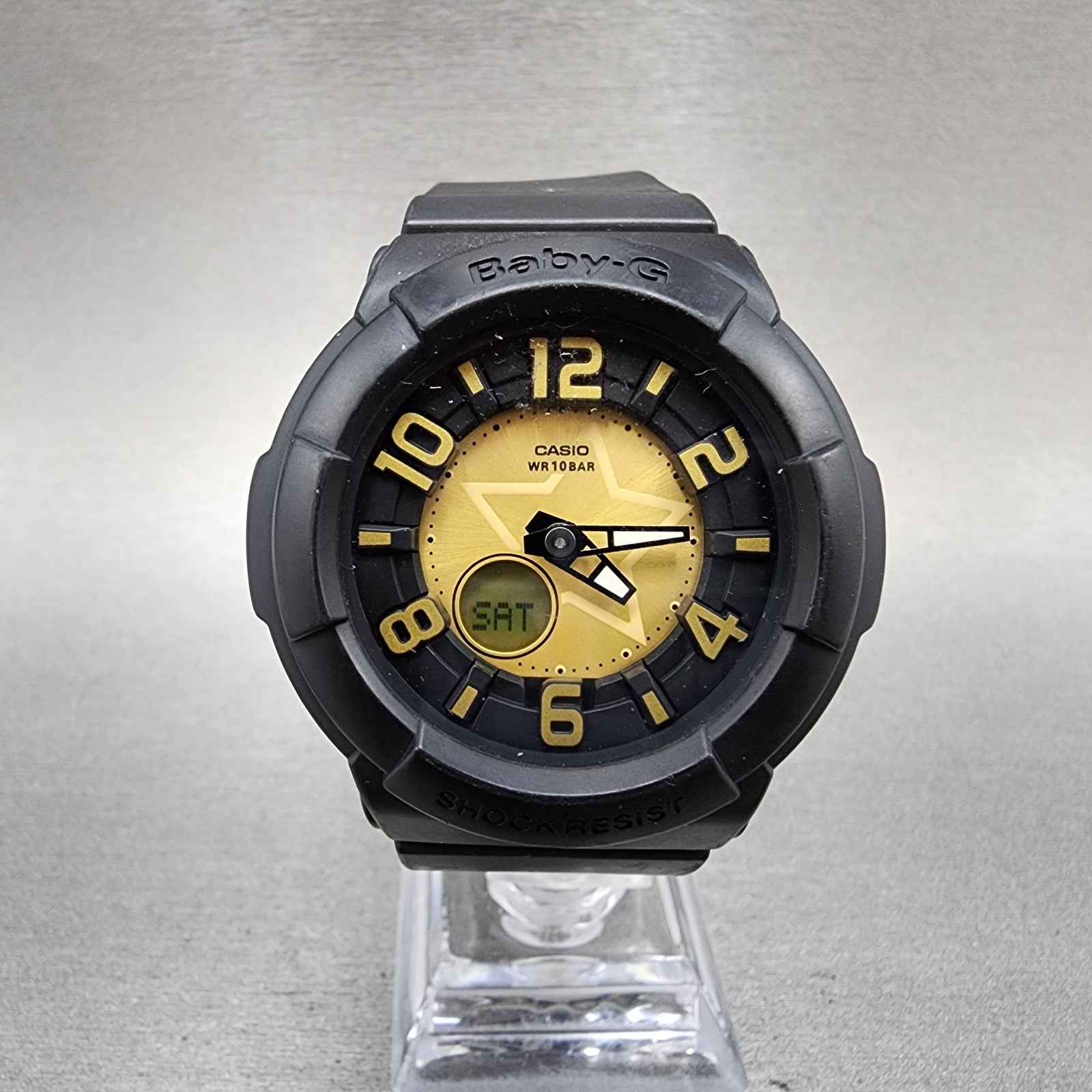Casio BabyG BGA133 Watch Women 43mm Gold Dial Black Tone Analog Digital NewBat0