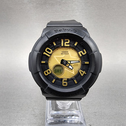 Casio BabyG BGA133 Watch Women 43mm Gold Dial Black Tone Analog Digital NewBat0