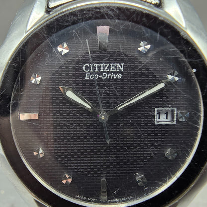 Citizen Eco-Drive Watch Men 37mm Black Dial Silver Tone Date E111-S058481 Runs1