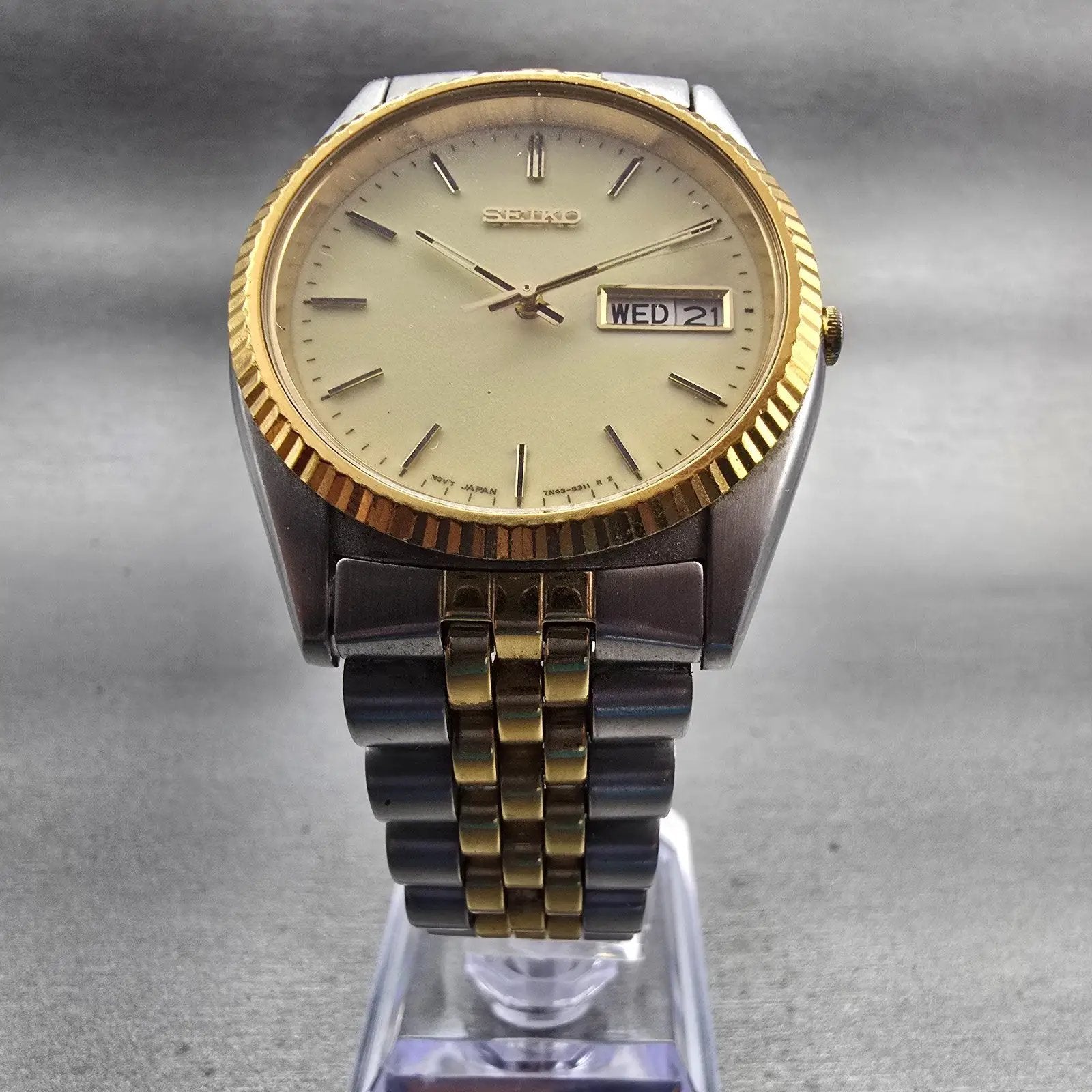 Seiko President Watch Men 36mm Cream Dial Two Tone Daydate 7N43-8111 New Battery7