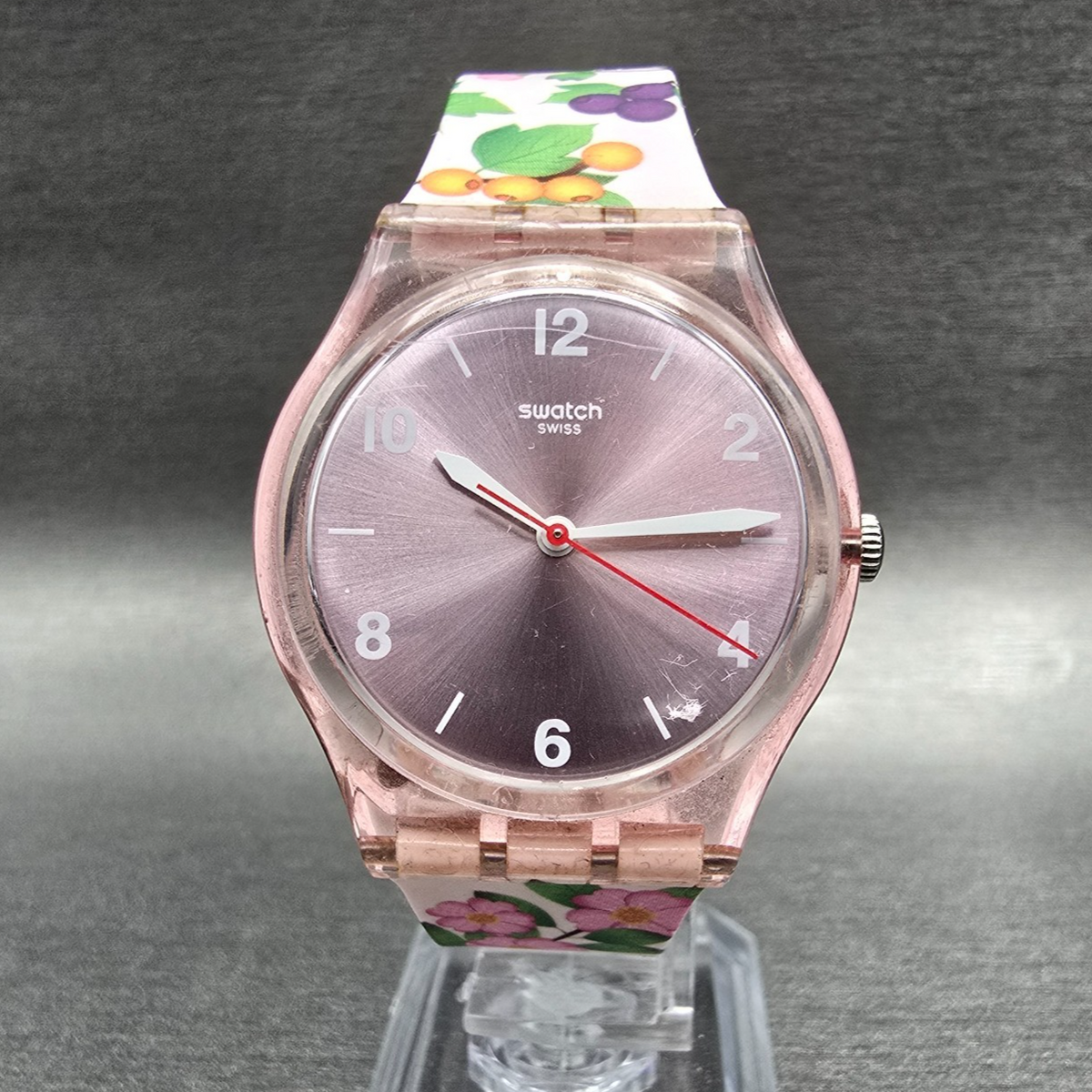 Swatch Merry Berry Watch Women 34mm Pink Dial Clear Case Round GP150 New Battery2