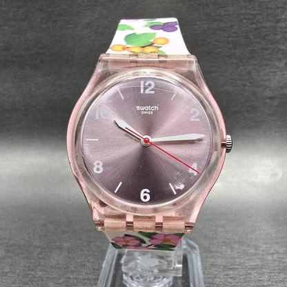 Swatch Merry Berry Watch Women 34mm Pink Dial Clear Case Round GP150 New Battery2