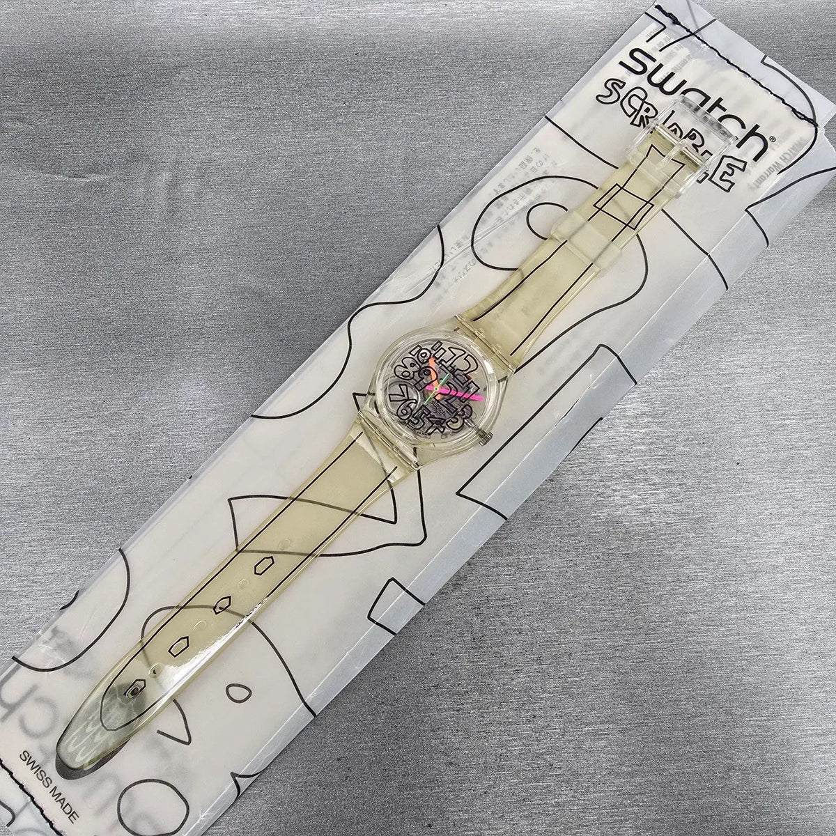 Swatch Scribble Watch Men 34mm Skeleton Dial Clear Case GZ124 New Battery NOS15