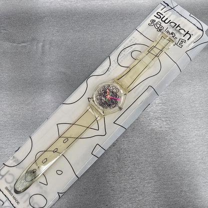 Swatch Scribble Watch Men 34mm Skeleton Dial Clear Case GZ124 New Battery NOS15