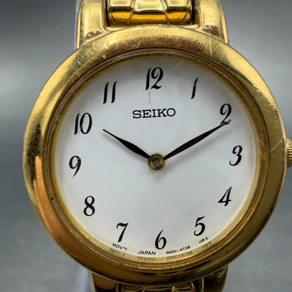Seiko Watch Women 24mm White Dial Gold Tone Round 1N00-1E19 New Battery hKJh1