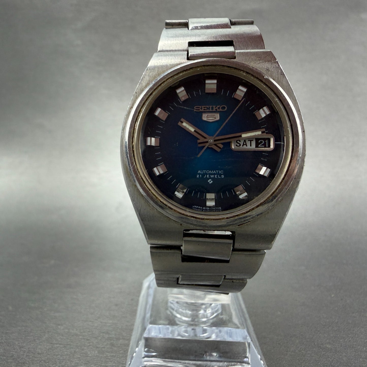 Seiko 5 Automatic Watch Men 37mm Blue Dial Silver Tone Daydate 6119-7460 Runs5