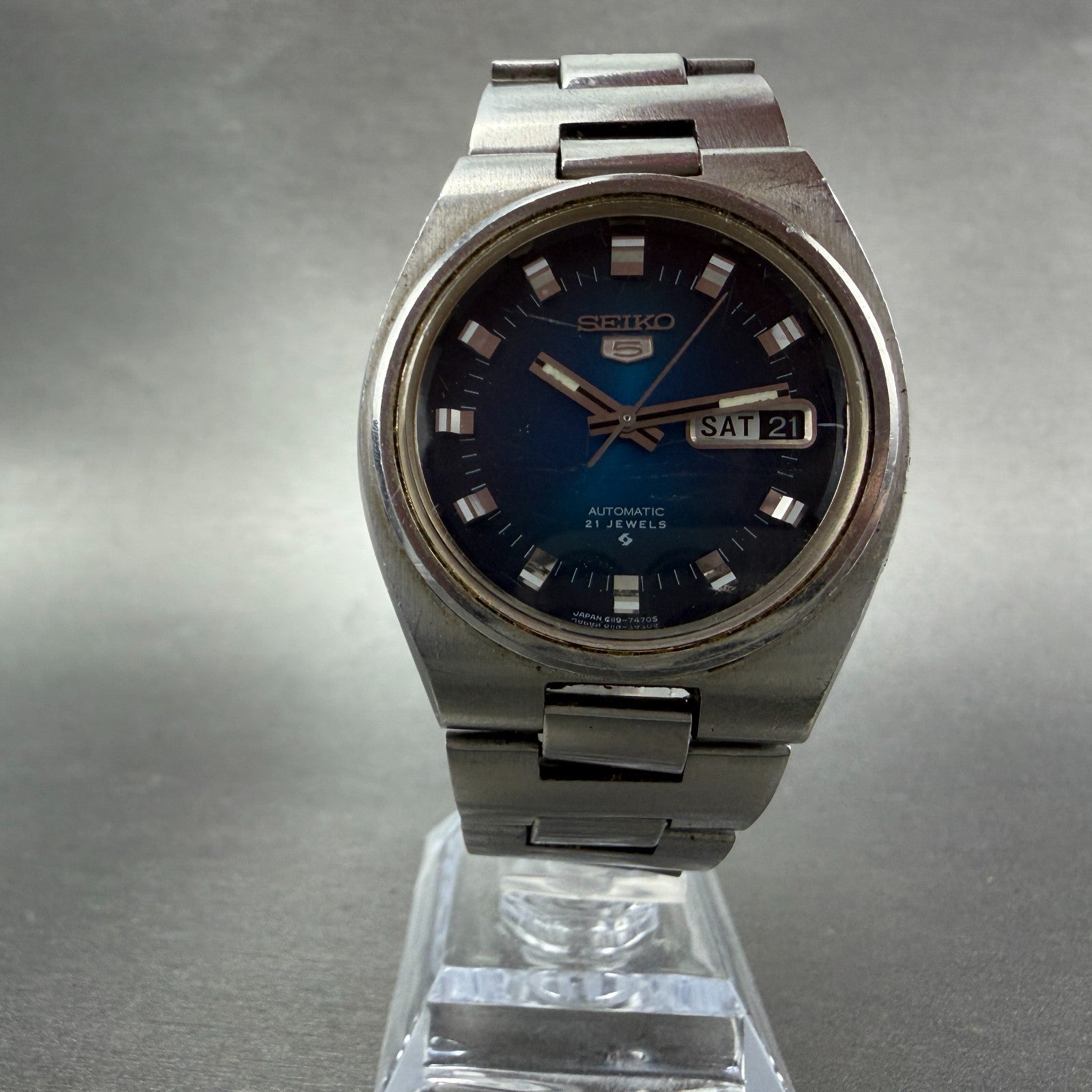 Seiko 5 Automatic Watch Men 37mm Blue Dial Silver Tone Daydate 6119-7460 Runs5