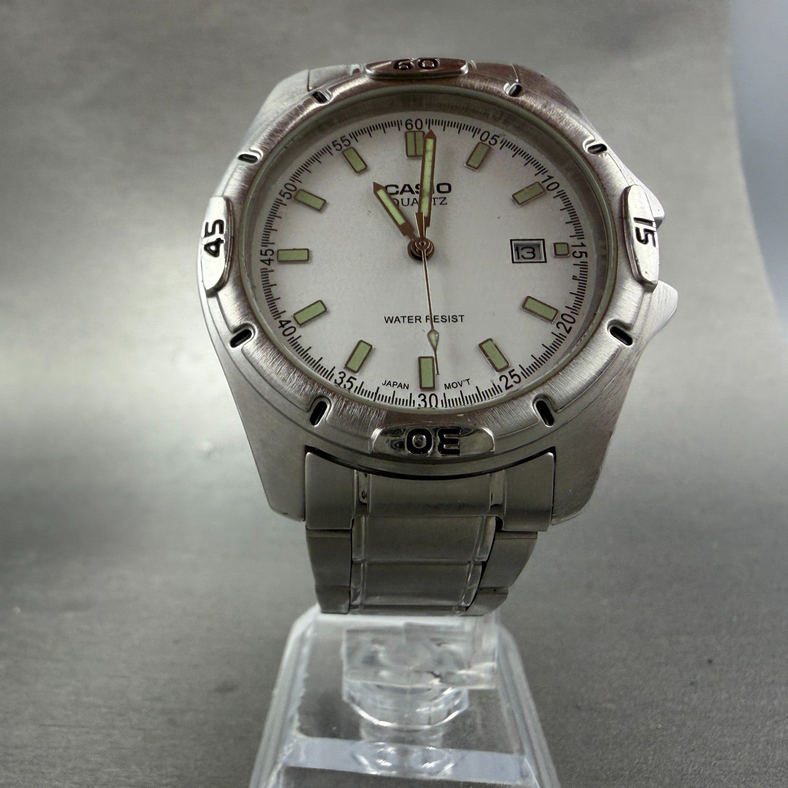 Casio Dive Watch Men 41mm White Dial Silver Tone Date Round MTP-1244 PARTS VTG6