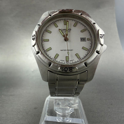 Casio Dive Watch Men 41mm White Dial Silver Tone Date Round MTP-1244 PARTS VTG6