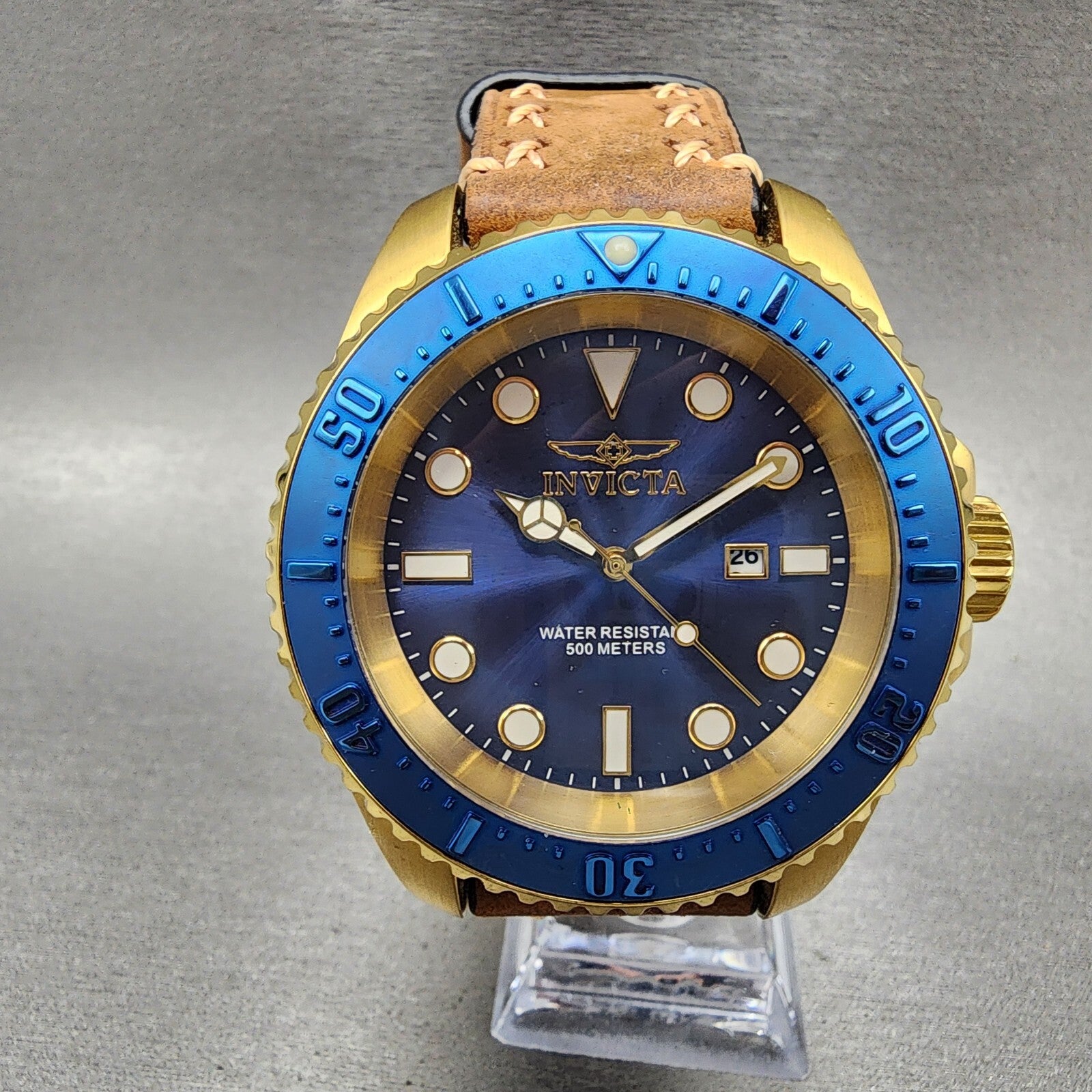 Invicta Pro Diver Watch Men Blue Dial Gold Tone Date Round 17581 New Batt READ!!0