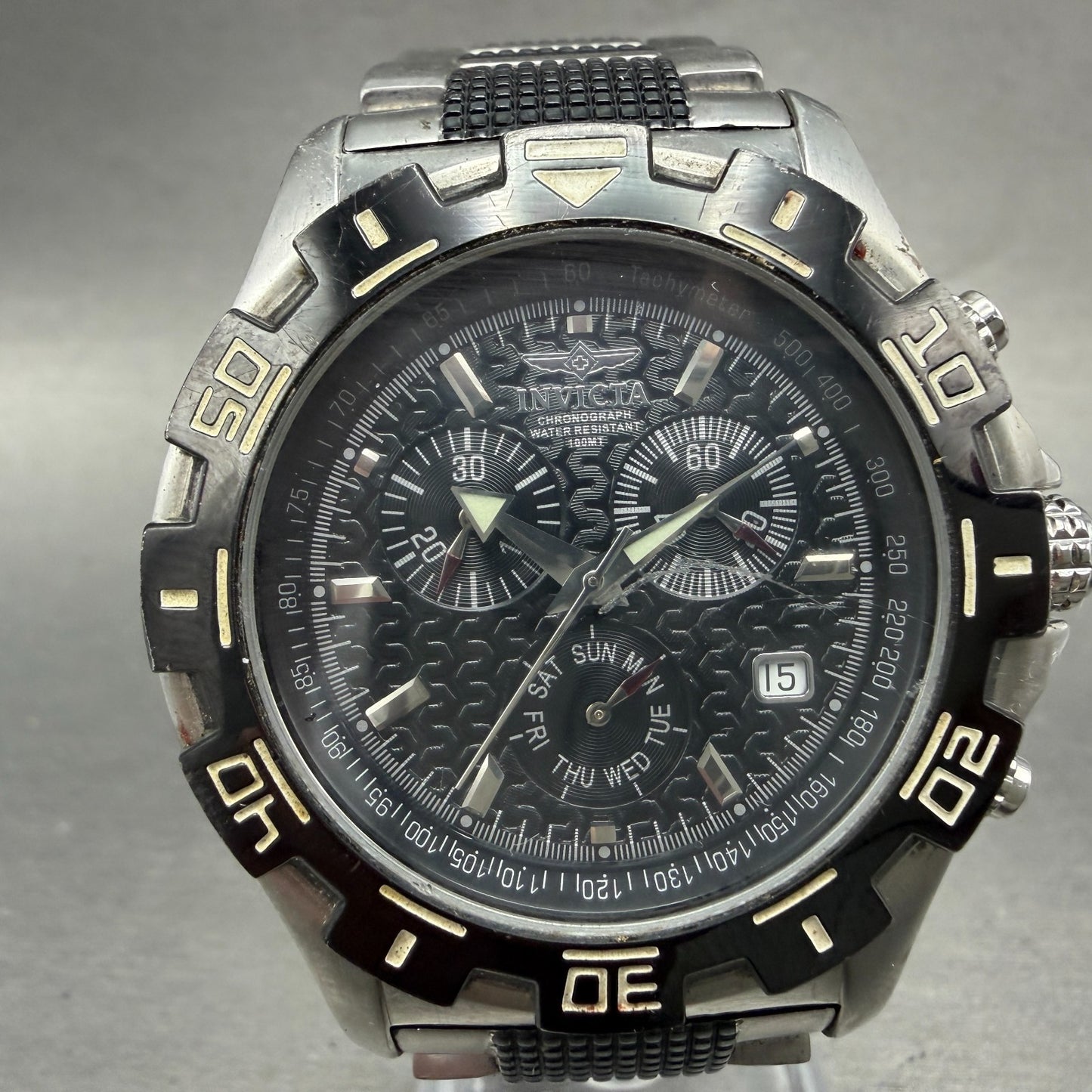 Invicta Chronograph Watch Men 42mm Black Dial Steel Daydate 3913 New Battery0