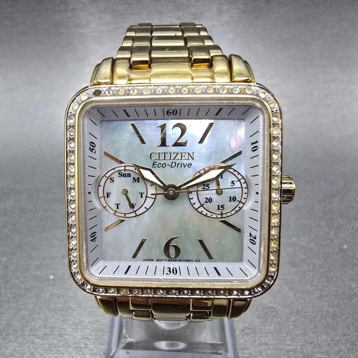 Citizen Eco-Drive Tank Watch Women 32mm MOP Dial Gold Daydate Crystal Works0