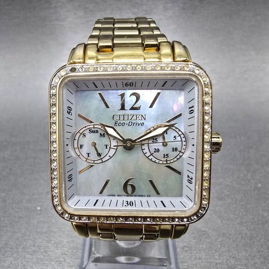 Citizen Eco-Drive Tank Watch Women 32mm MOP Dial Gold Daydate Crystal Works0