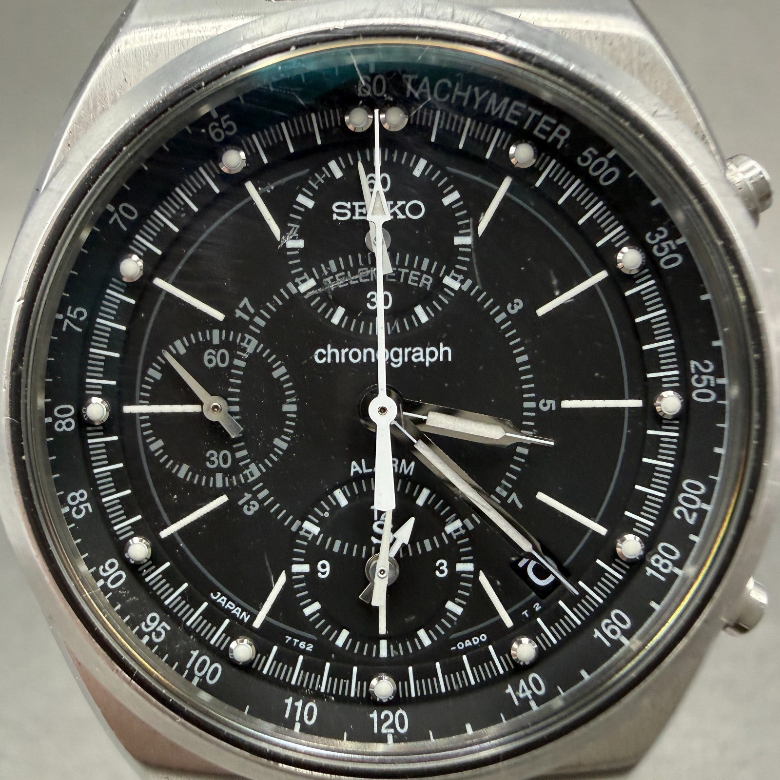 Seiko Chronograph Watch Men 36mm Black Dial Silver Tone Date 7T62-0AA0 PARTS2