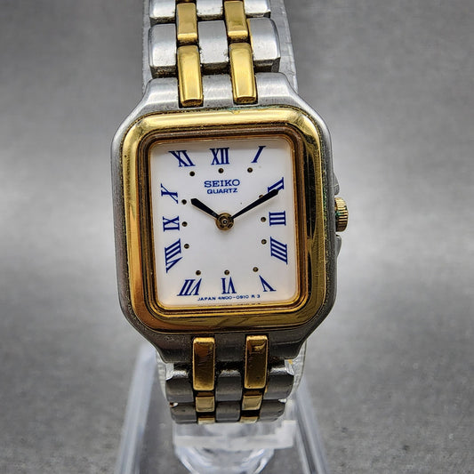 Seiko Tank Watch Women 19mm White Dial Two Tone Rectangle 4n005379 New Battery0