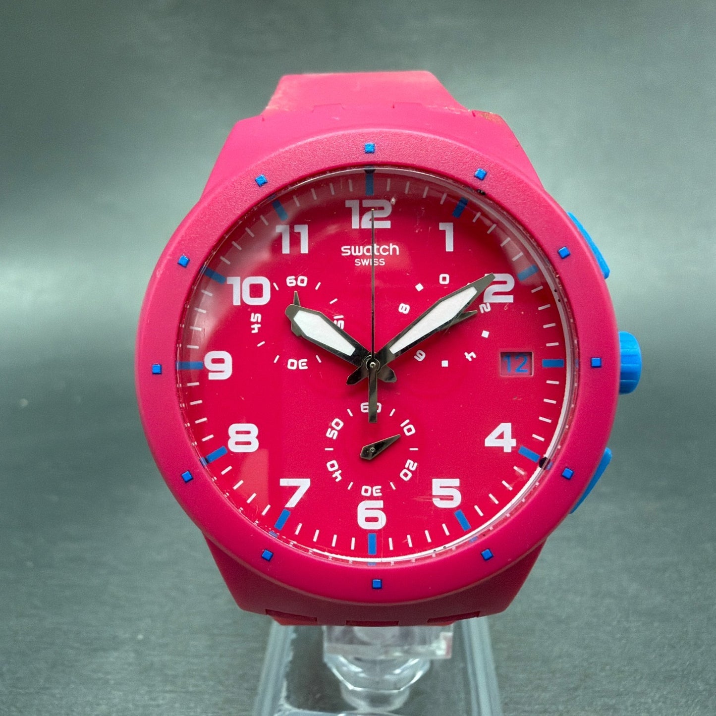 Swatch Chrono Pink Frame Watch Men 42mm Pink Dial Pink Tone Date Round New Batt0