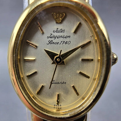 Jules Jurgensen Watch Women 17mm Champagne Dial Gold Oval Blue Gems New BatteryP1