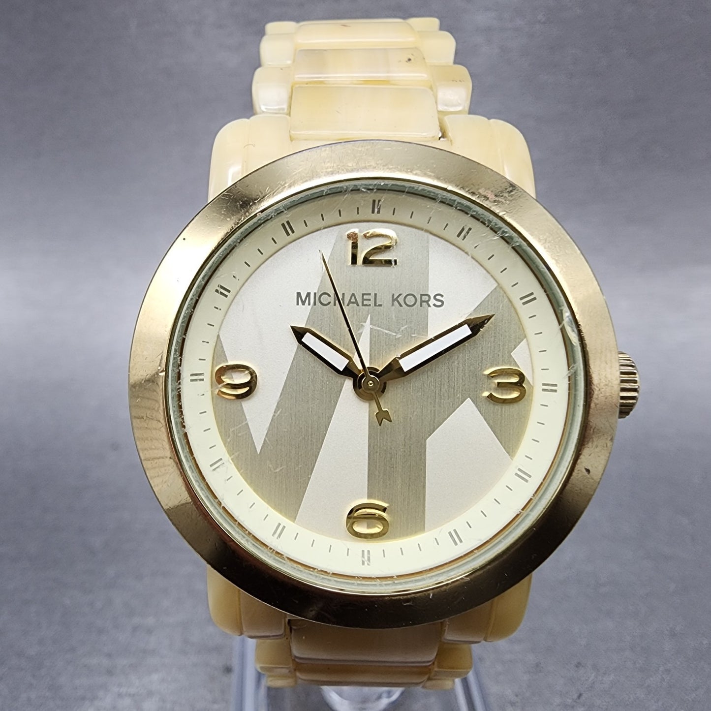 Michael Kors Watch Women 34mm Champagne Dial Tan Case Round MK4204 New Battery0